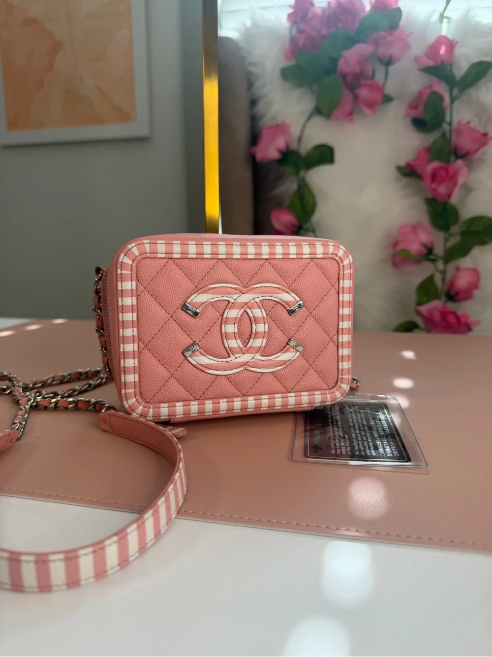 Chanel Pink Caviar Leather Striped La Pausa Camera Bag Case Crossbody Black Card